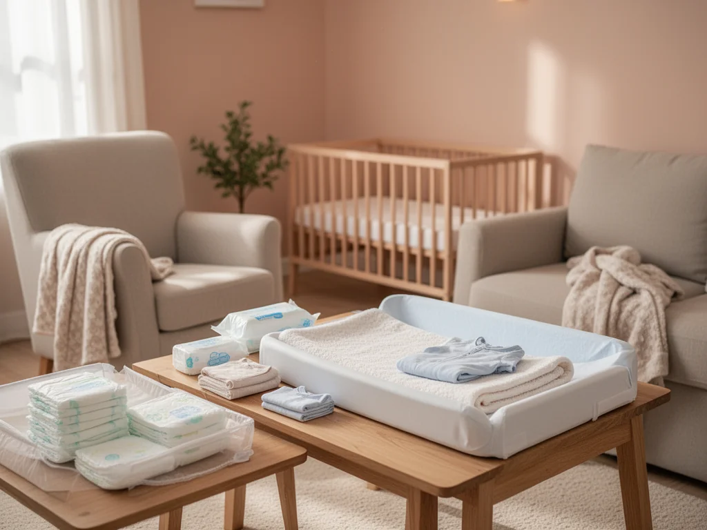 Przytulny salon z przygotowanym przewijakiem, kocykiem i łóżeczkiem, ukazujący spokojną przestrzeń na powitanie noworodka.
