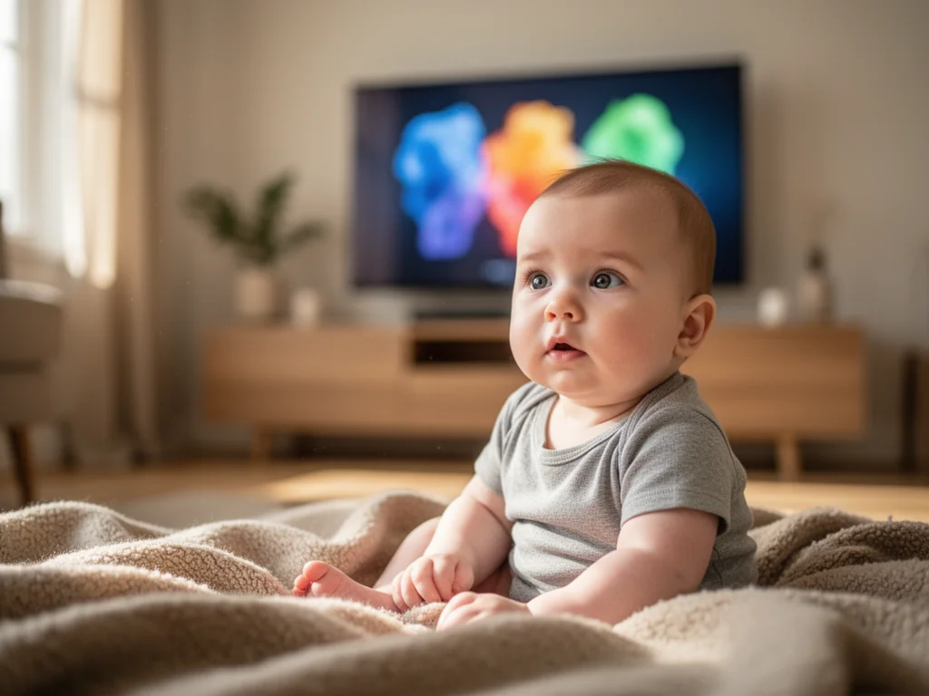 Niemowlę na kocu w salonie spogląda w bok, w tle rozmyty, włączony telewizor sugerujący bodźce ekranowe.