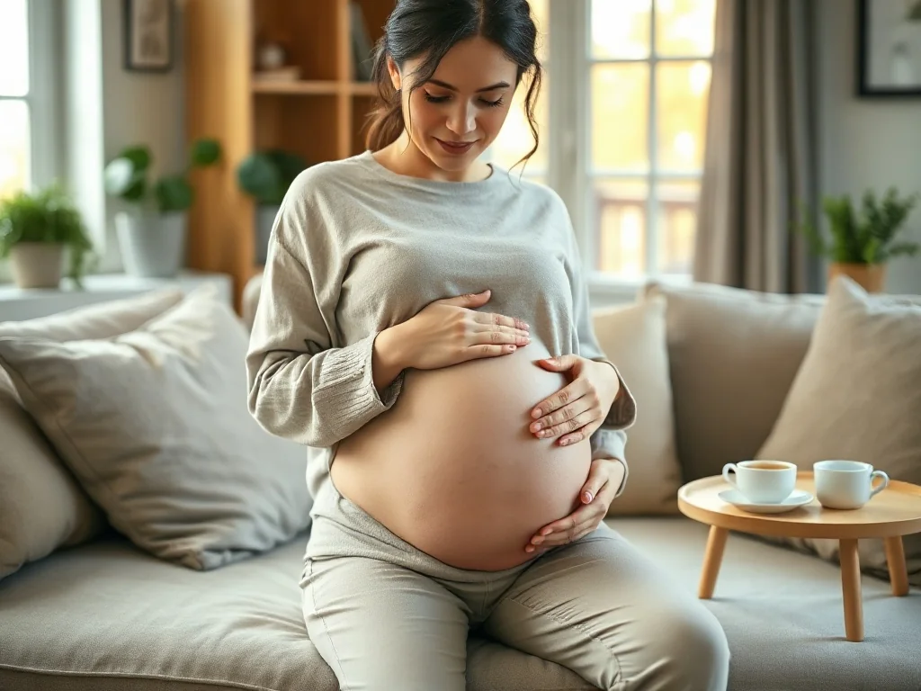 Spokojna ciężarna kobieta siedzi na kanapie i trzyma brzuch, zastanawiając się nad ciążą i towarzyszącymi jej wierzeniami.