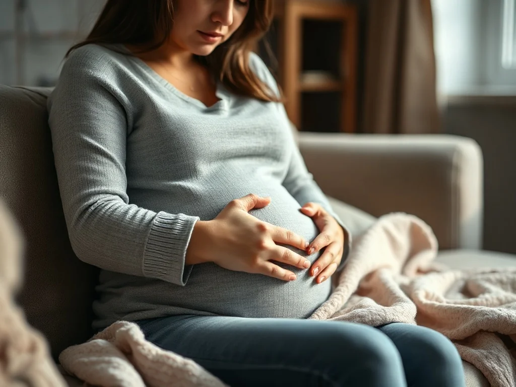 Kobieta w ciąży siedzi samotnie na kanapie, trzyma brzuch i wygląda na zamyśloną oraz przygnębioną.