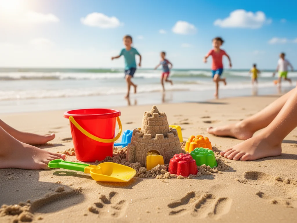 Kolorowe zabawki do piasku i mały zamek na plaży, w tle bawiące się dzieci i morze w słoneczny letni dzień.