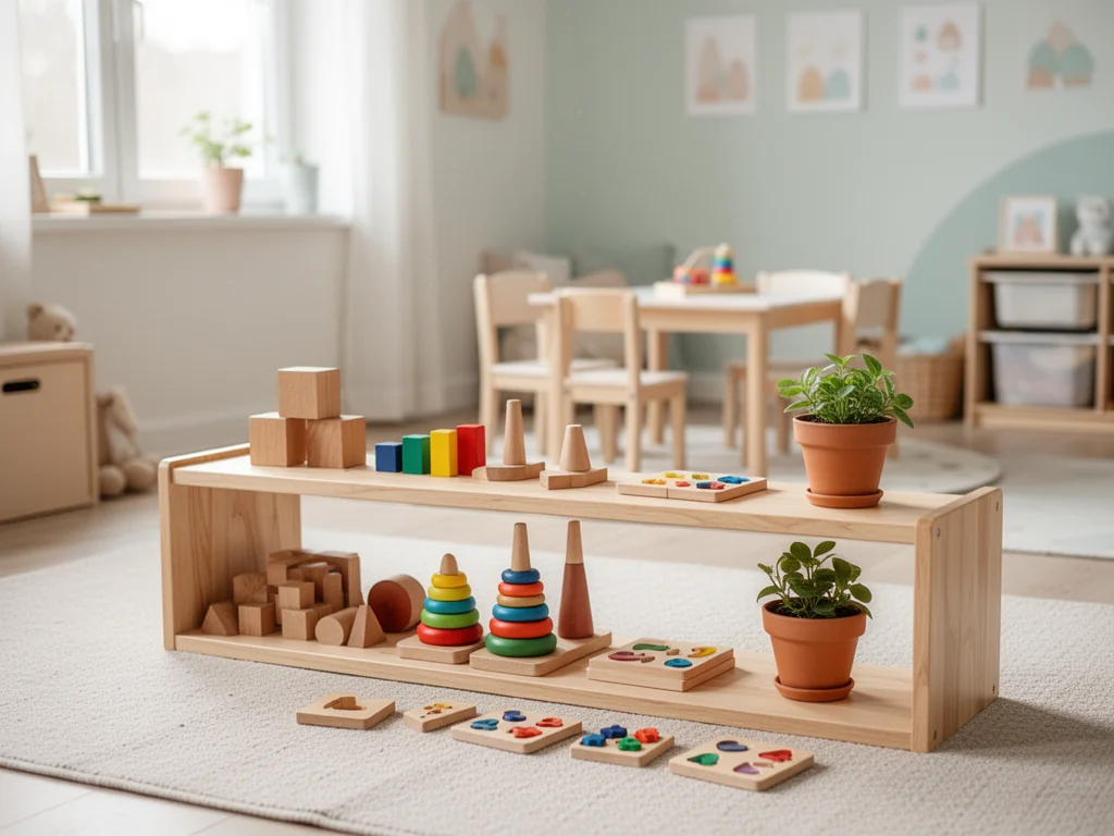 Jasna, uporządkowana sala Montessori z niskimi półkami, naturalnymi zabawkami i stolikiem dla dziecka w spokojnych kolorach.