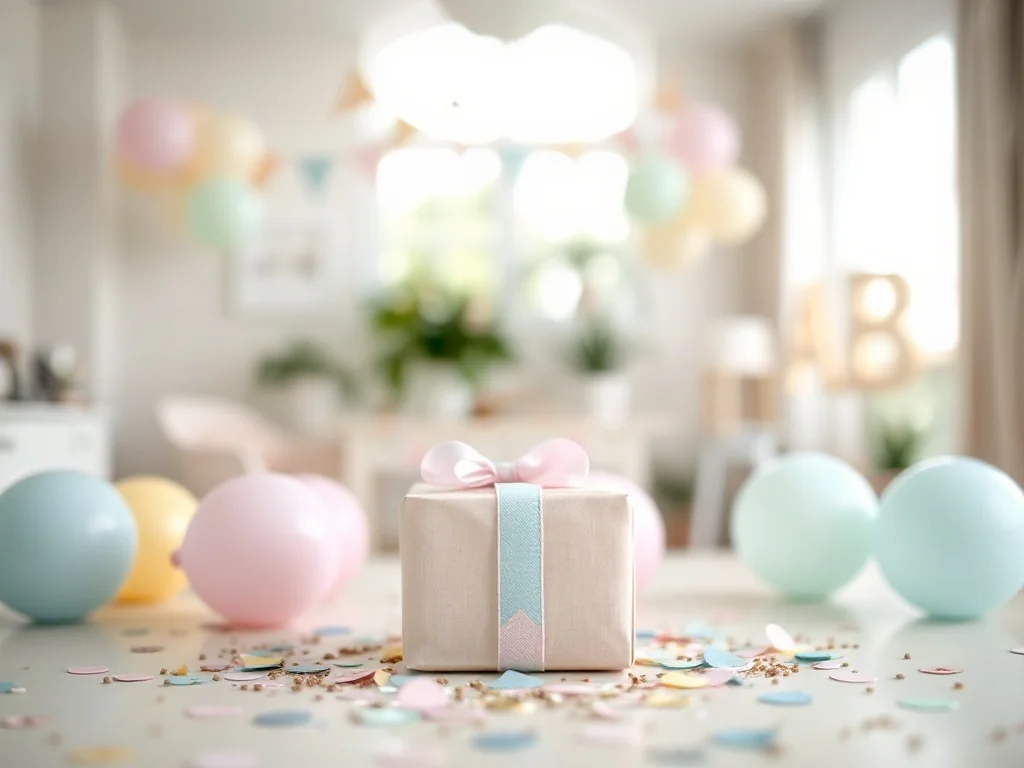 Stół udekorowany pastelowymi balonami i prezentem w różowo-niebieskiej wstążce, nawiązujący do przyjęcia gender reveal.