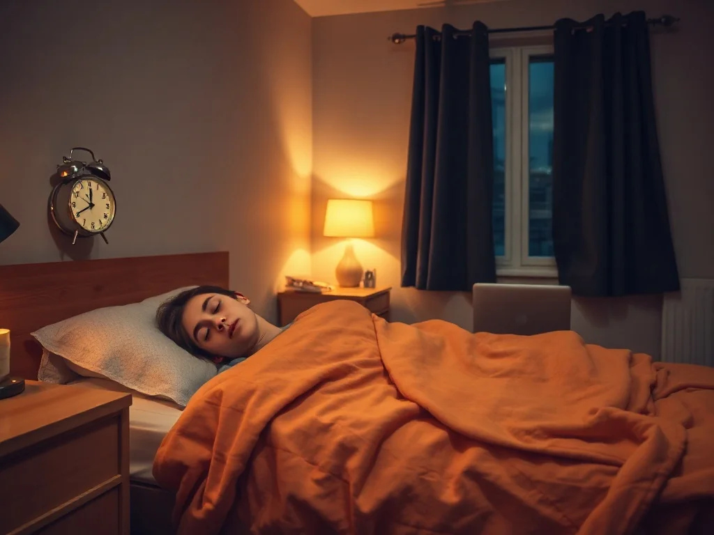 Nastolatek spokojnie śpi w przytulnej, przyciemnionej sypialni, podkreślając znaczenie nocnego odpoczynku dla rozwoju.