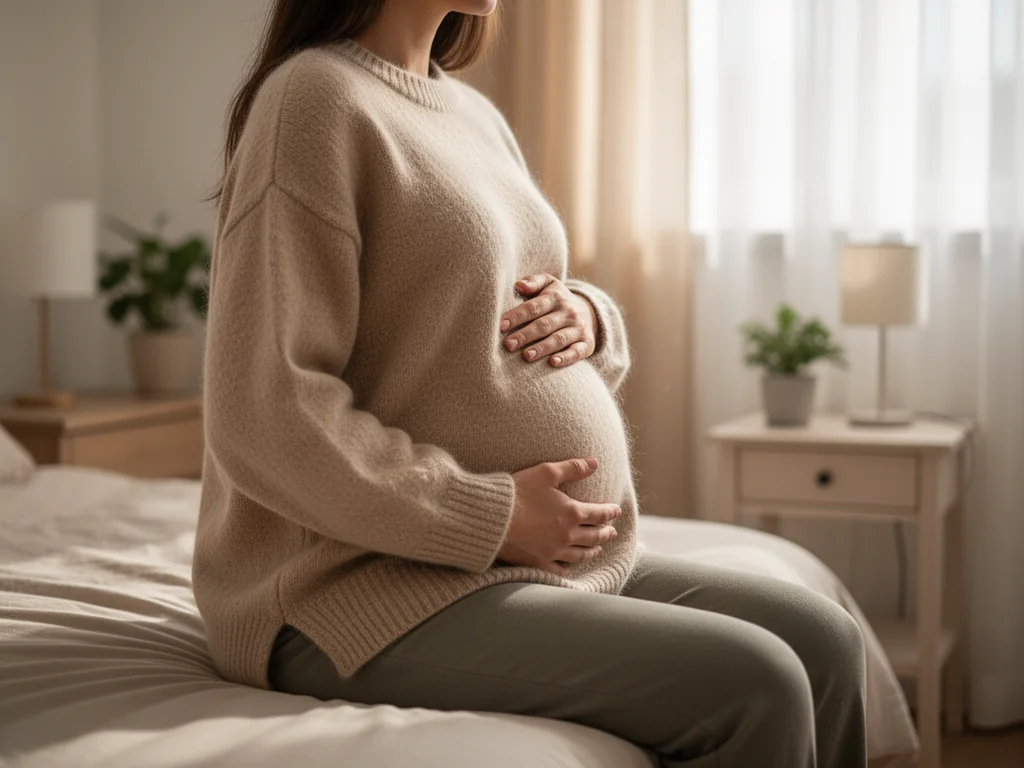 Kobieta w luźnym swetrze delikatnie trzyma lekko zaokrąglony brzuch ciążowy, siedząc na łóżku w przytulnej sypialni.