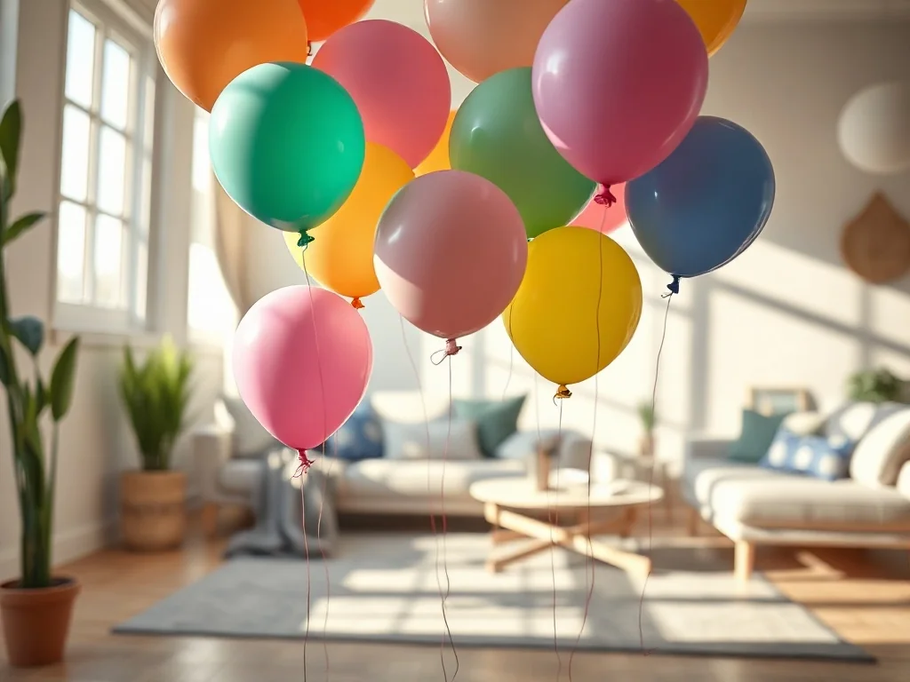 Kolorowe balony unoszące się w jasnym salonie, tworzące wesołą, kreatywną przestrzeń do zabawy w domu.