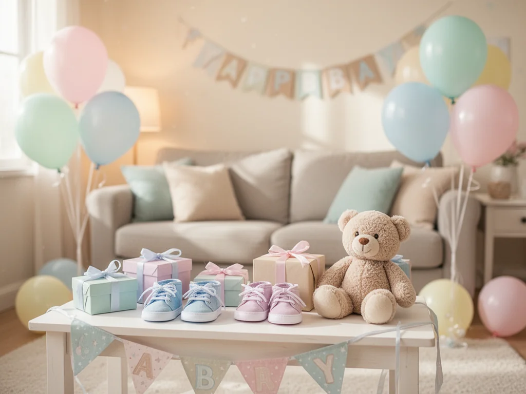 Przytulny salon udekorowany na baby shower: pastelowe balony, prezenty, buciki i maskotka tworzą radosną atmosferę.