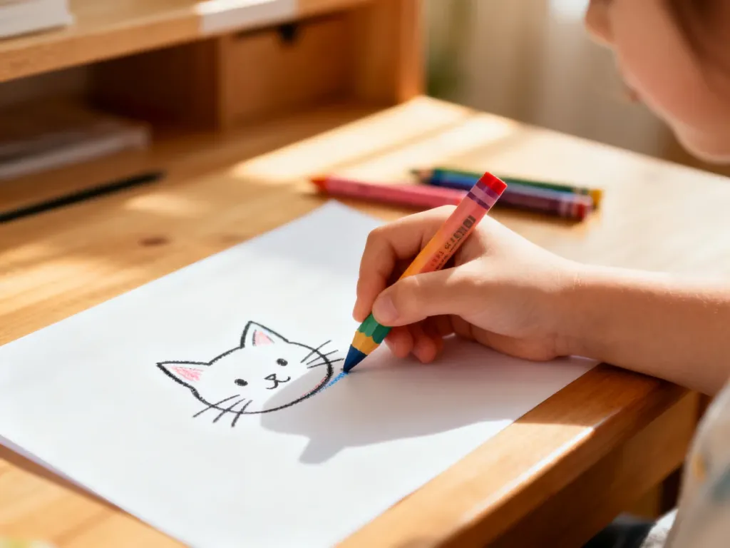 Dziecięca dłoń rysująca kredką prosty kontur kota na białej kartce papieru.