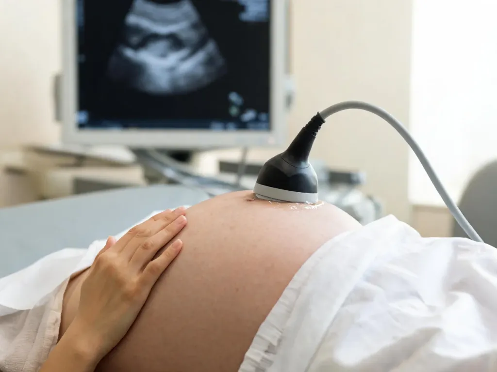 Ciężarna kobieta podczas badania USG, głowica na brzuchu, w tle monitor z obrazem dziecka w łonie