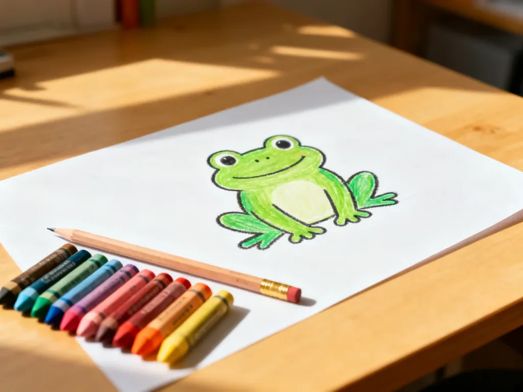 Kolorowy rysunek uroczej żaby na białej kartce, obok której leżą kredki i ołówek na drewnianym biurku.