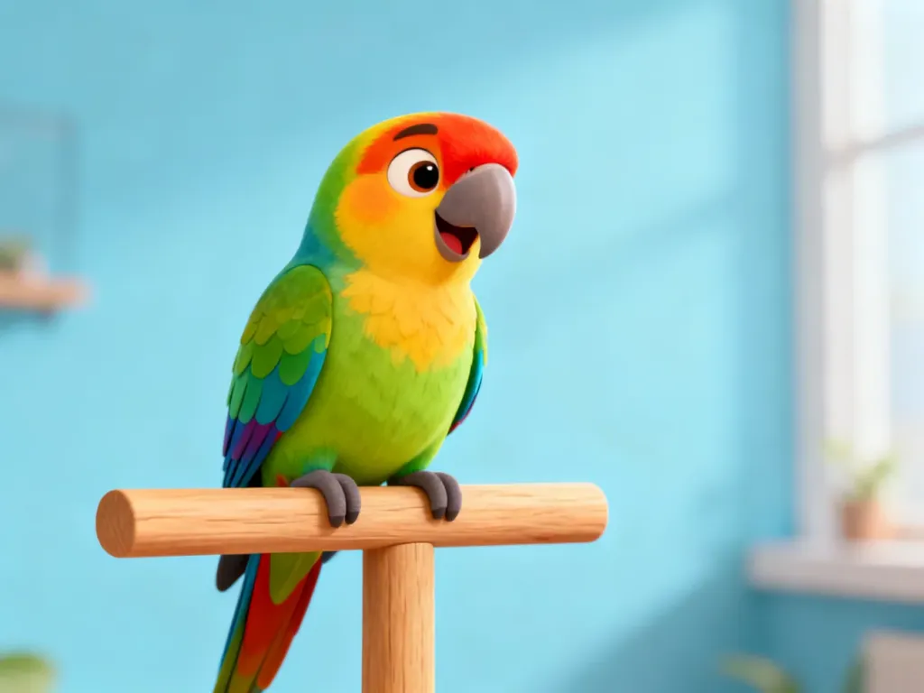 Kolorowa, przyjazna papuga w stylu kreskówkowym siedząca na drewnianej żerdzi, zachęcająca dzieci do nauki rysowania.