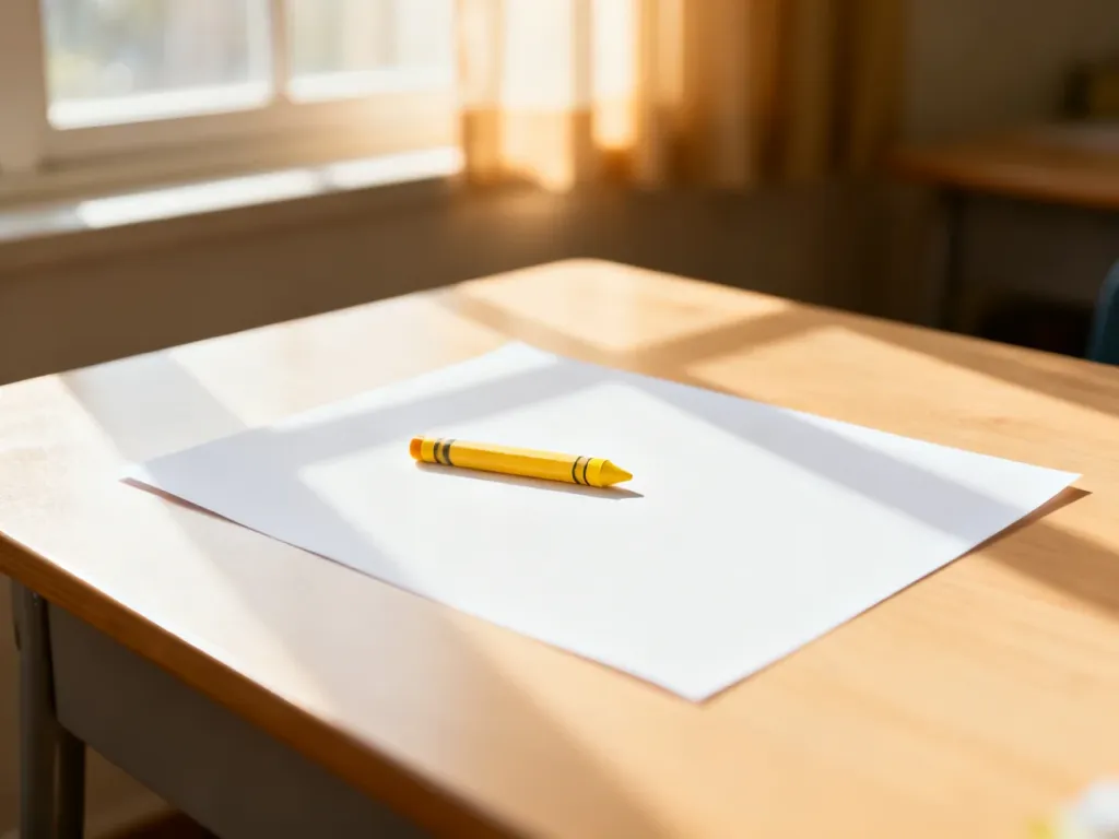 Żółta kredka na białej kartce papieru na drewnianym biurku, zachęcająca do rozpoczęcia rysowania Pikachu.