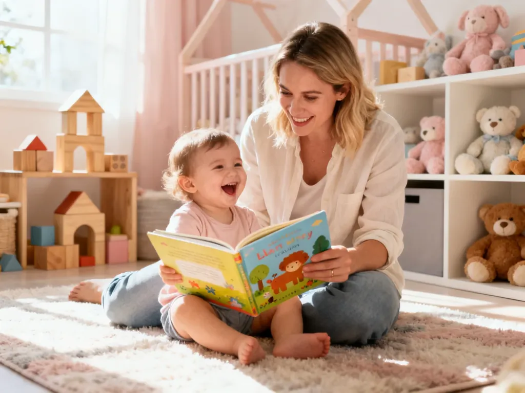 Uśmiechnięta mama czyta kolorową książeczkę małemu dziecku, siedząc na dywanie w przytulnym, słonecznym pokoju dziecięcym.