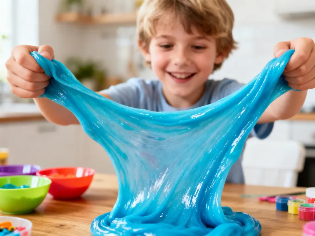 Dziecko rozciągające w dłoniach jaskrawoniebieski slime w słonecznej kuchni, prezentujące efekt domowej zabawy.
