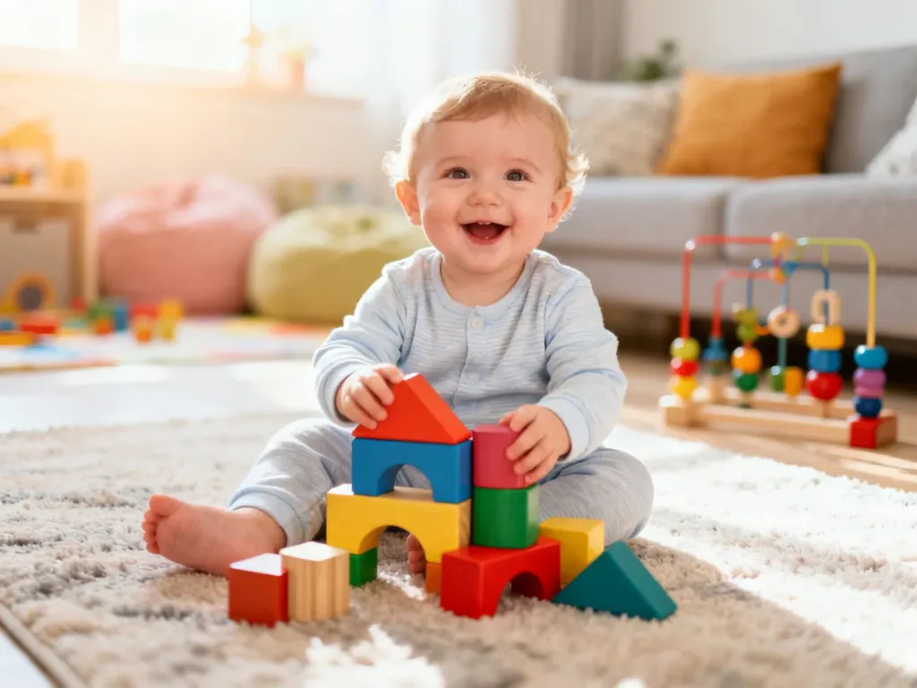 Dwuletnie dziecko bawi się kolorowymi drewnianymi klockami na miękkim dywanie w przytulnym, jasnym pokoju.